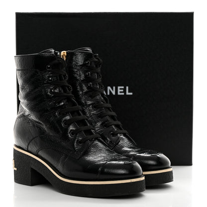 Chanel Shiny Crumpled Lambskin Lace Up Combat Boots 38 Black 10 of 10