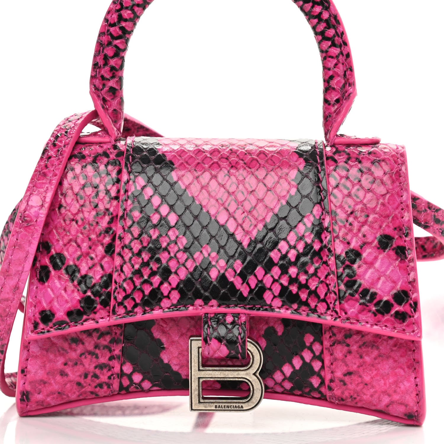 Balenciaga Shiny Calfskin Python Effect Hourglass Top Handle Bag Mini Fuchsia Black 8 of 12