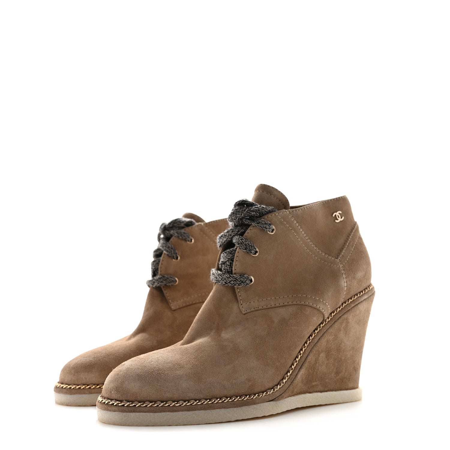Chanel Suede Calfskin Lace Up Wedge Booties 40.5 Beige 3 of 9