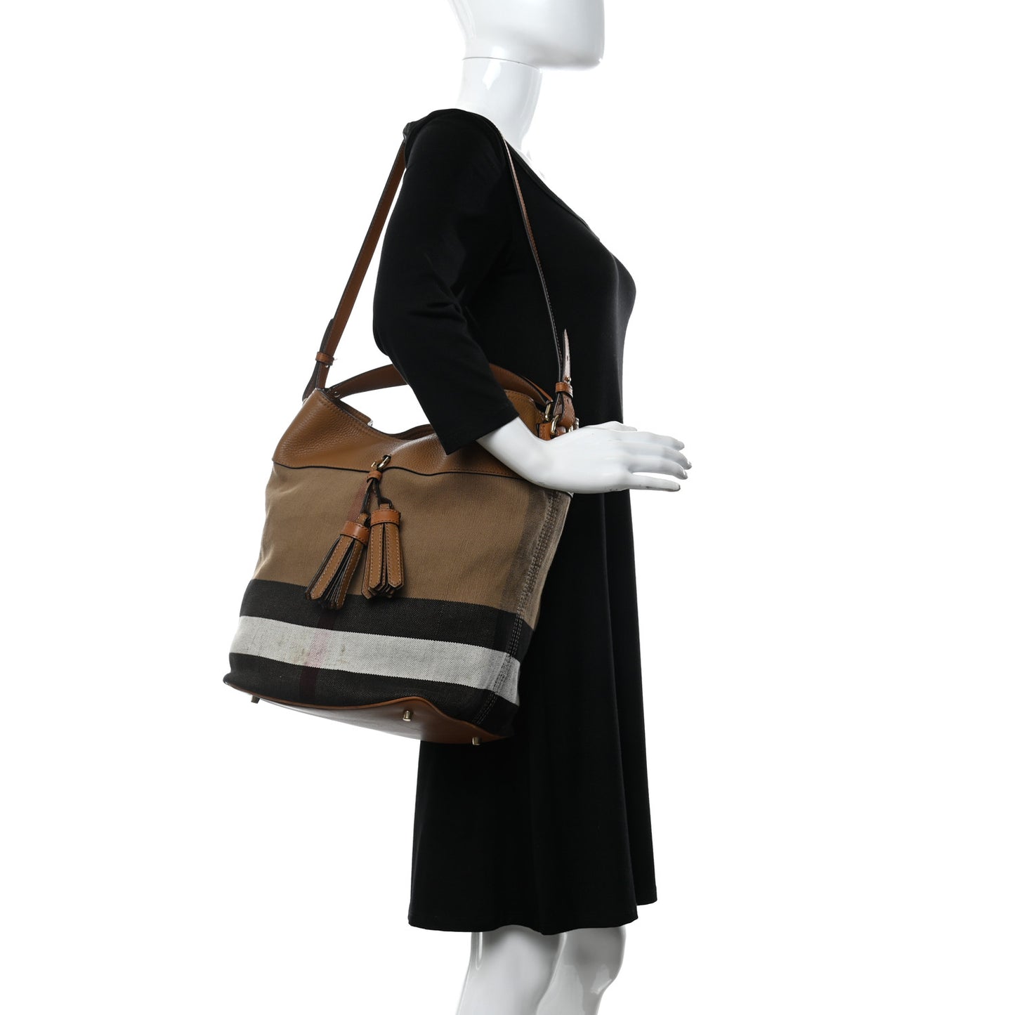 Grainy Calfskin Canvas Mega Check Medium Ashby Tassel Hobo Saddle Brown