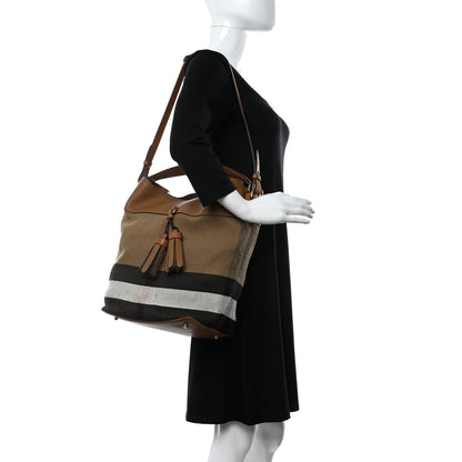 Burberry Grainy Calfskin Canvas Mega Check Medium Ashby Tassel Hobo Saddle Brown 3 of 16