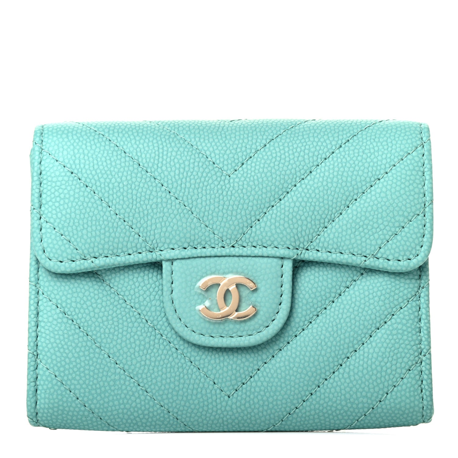 Chanel Caviar Chevron Quilted Flap Card Holder Green 1 of 4