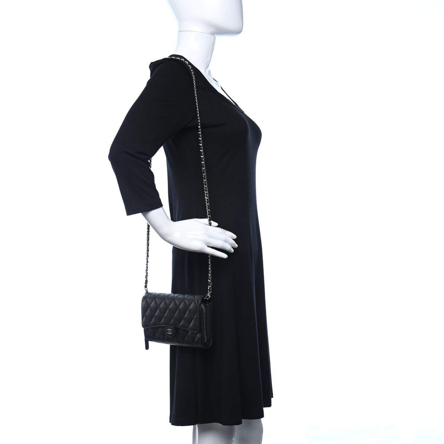 Caviar Quilted Phone Holder Wallet on Removable Chain Black