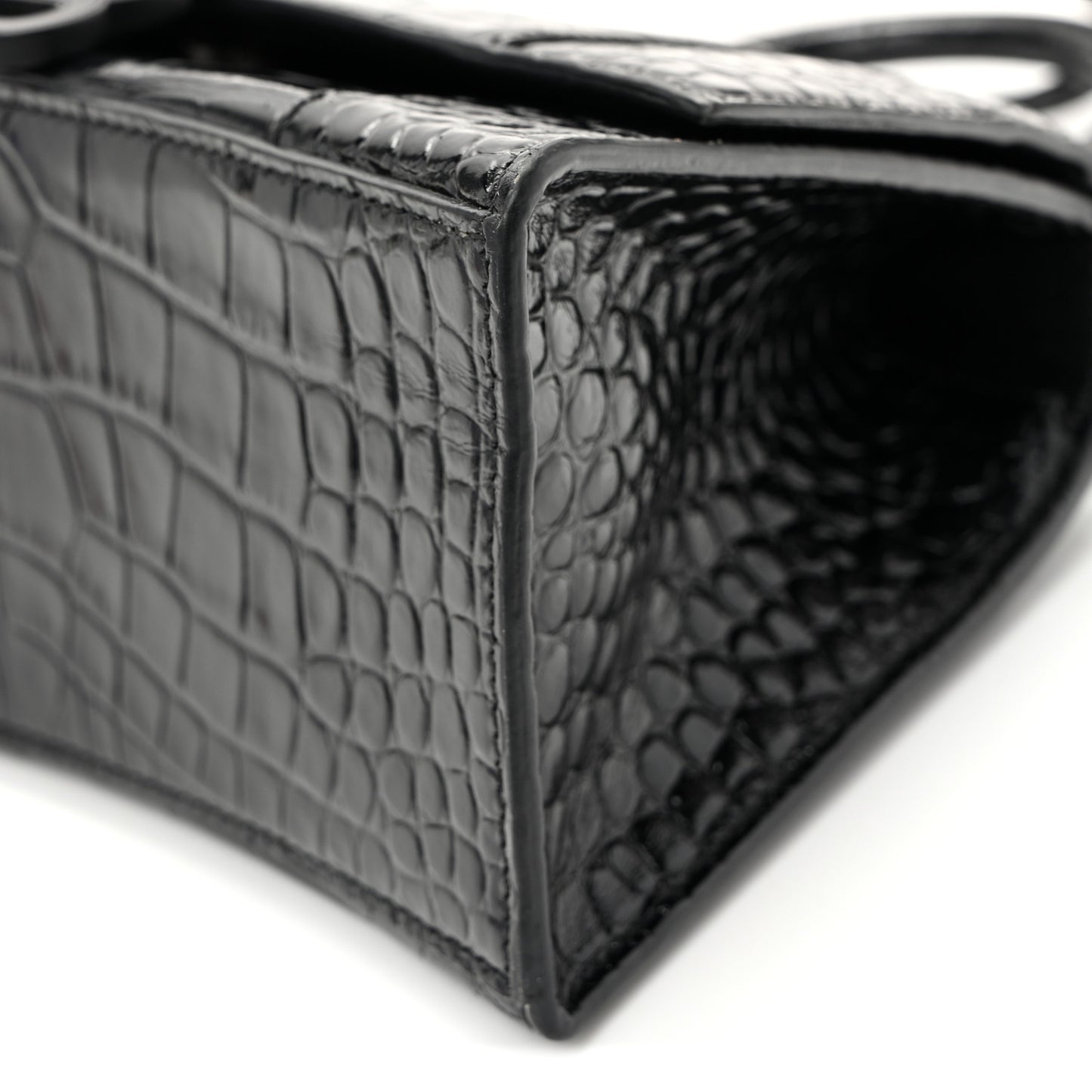 Shiny Calfskin Monochrome Crocodile Embossed Small Hourglass Top Handle Bag Black