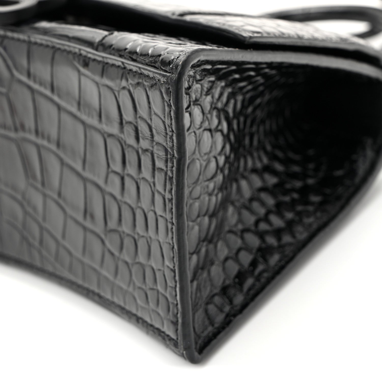 Balenciaga Shiny Calfskin Monochrome Crocodile Embossed Small Hourglass Top Handle Bag Black 9 of 10