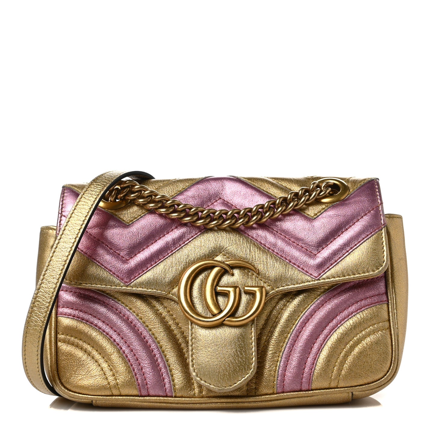 Metallic Calfskin Matelasse Mini GG Marmont Shoulder Bag Gold Pink