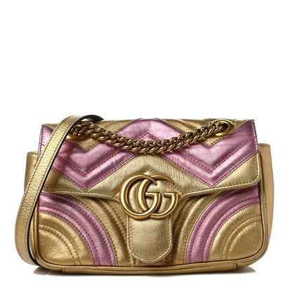Gucci Metallic Calfskin Matelasse Mini GG Marmont Shoulder Bag Gold Pink 1 of 7
