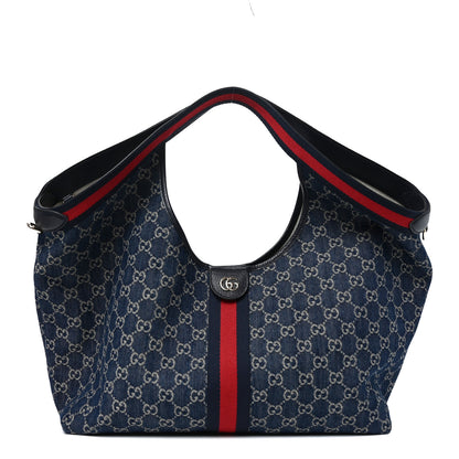 Gucci Denim GG Monogram Web Large Giglio Tote Blue 1 of 10