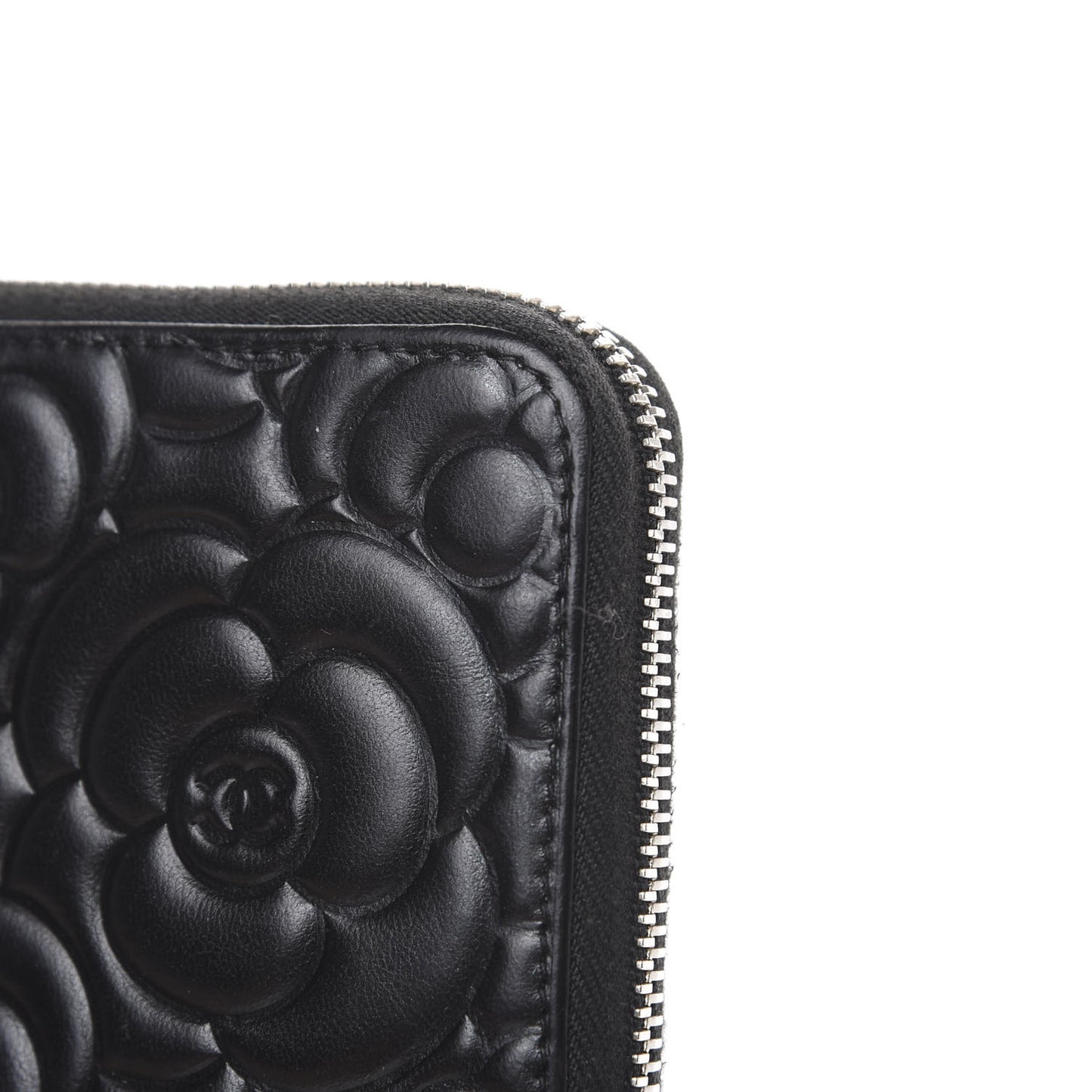 Lambskin Camellia Embossed Large Zip Around Gusset Wallet Black