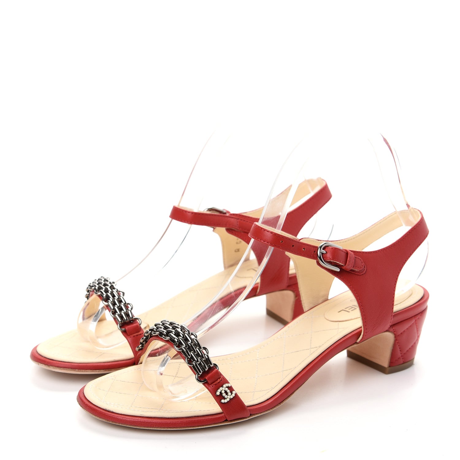 Chanel Lambskin CC Pearl Chain Sandals 39 Red 3 of 10