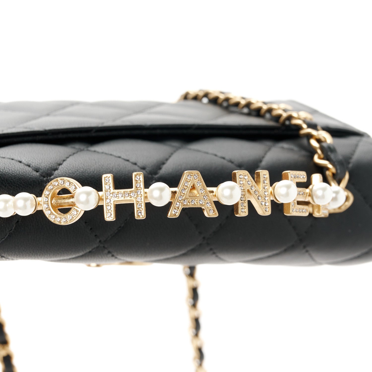 Chanel Lambskin Pearl Crystal Quilted Pearly Girl Handle Flap Phone Holder With Chain Black 8 of 12