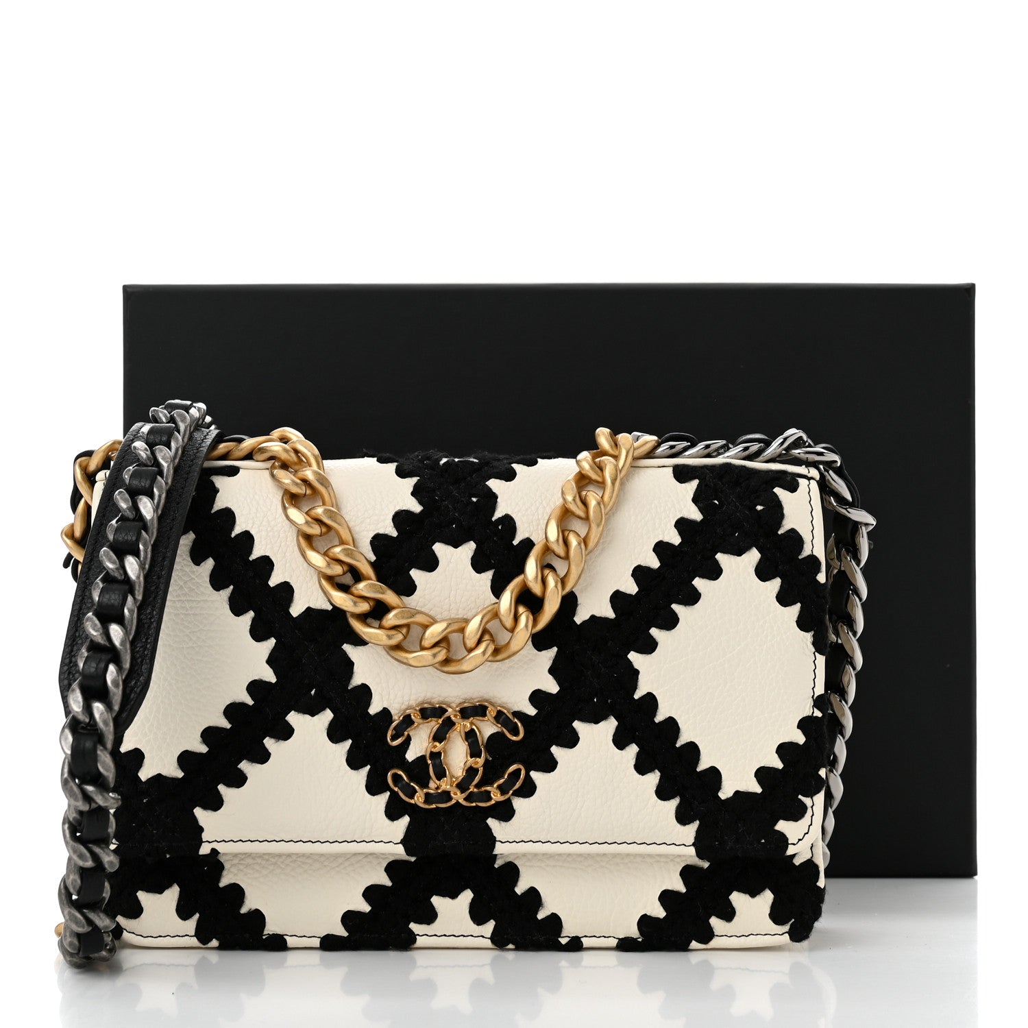 Chanel Calfskin Crochet Chanel 19 Wallet On Chain WOC White Black