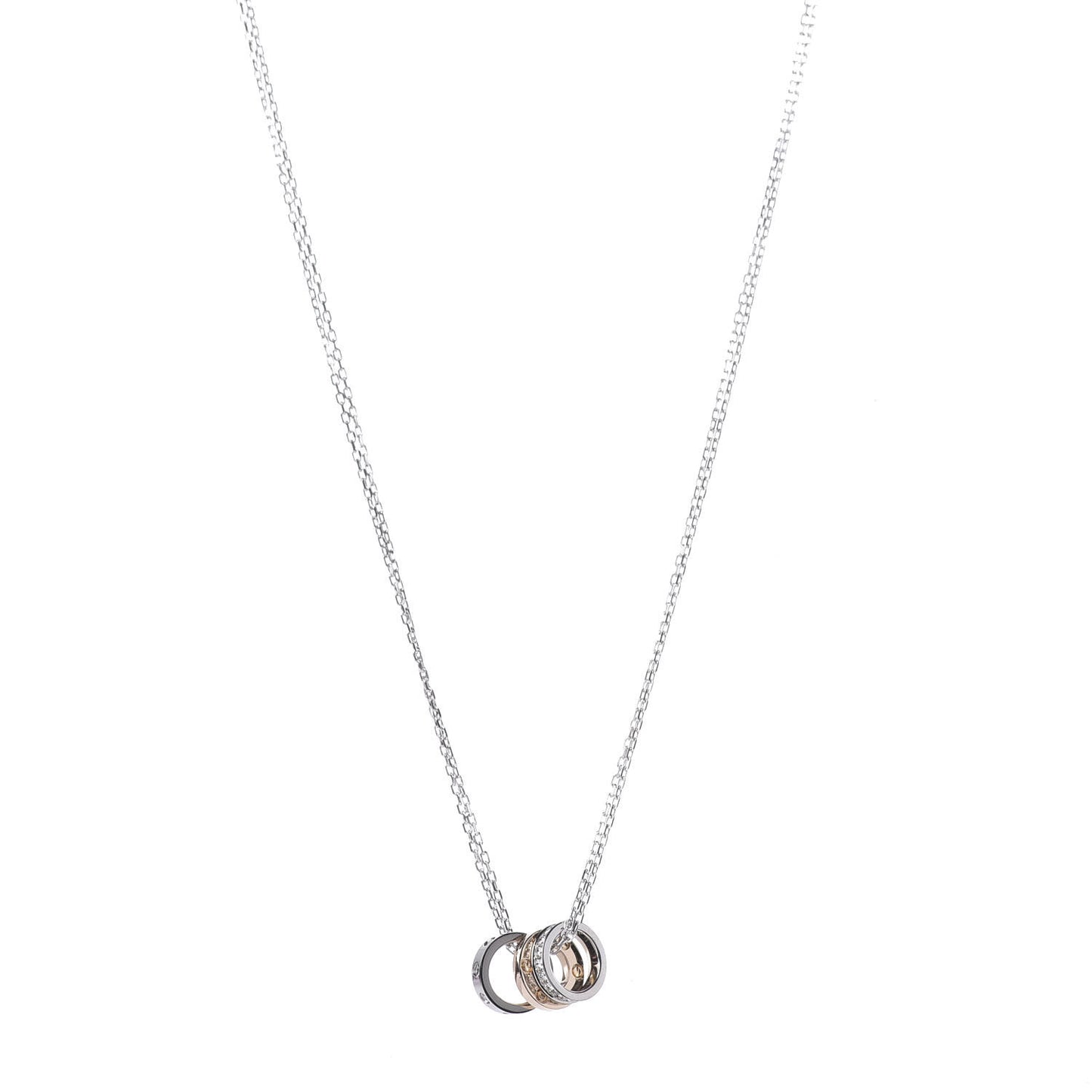 18K White Pink Gold Diamond Three Ring LOVE Pendant Necklace