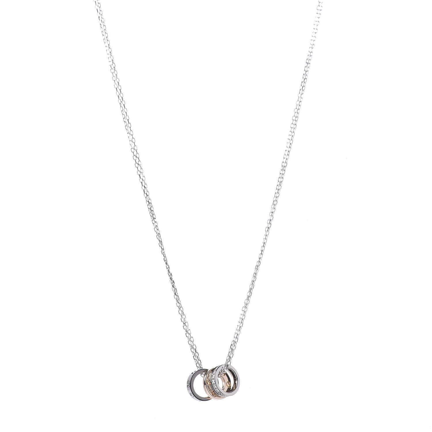 Cartier 18K White Pink Gold Diamond Three Ring LOVE Pendant Necklace 1 of 5