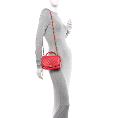 Chanel Lambskin Chevron Quilted Gold Top Handle Flap Bag Red 2 of 11