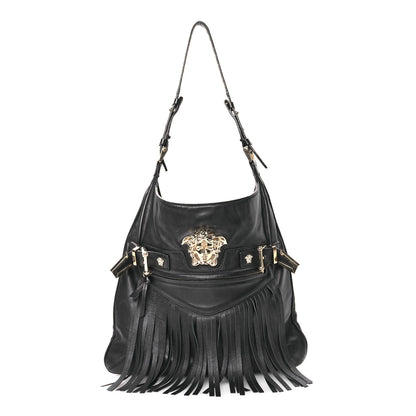 Versace Calfskin Palazzo Fringe Shoulder Bag Black 1 of 13