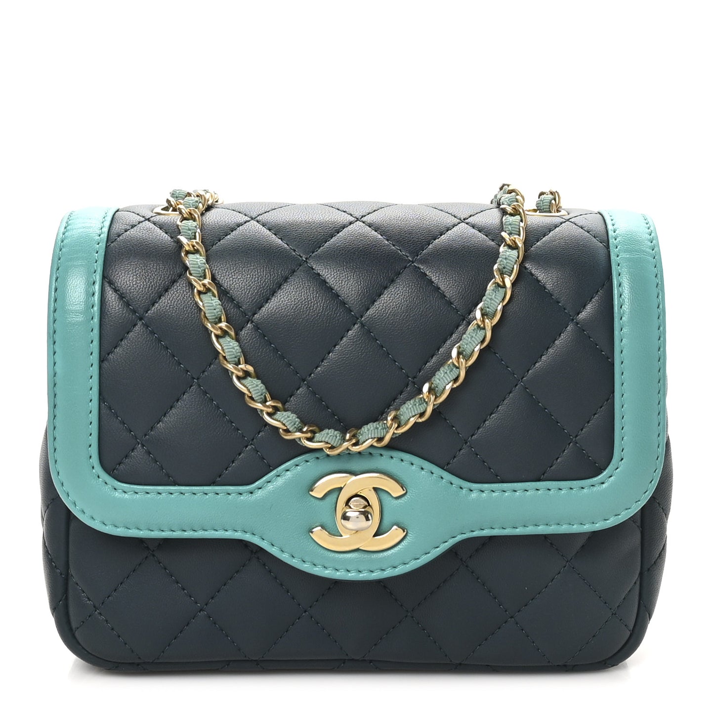 Lambskin Quilted Two Tone Day Flap Navy Turquoise