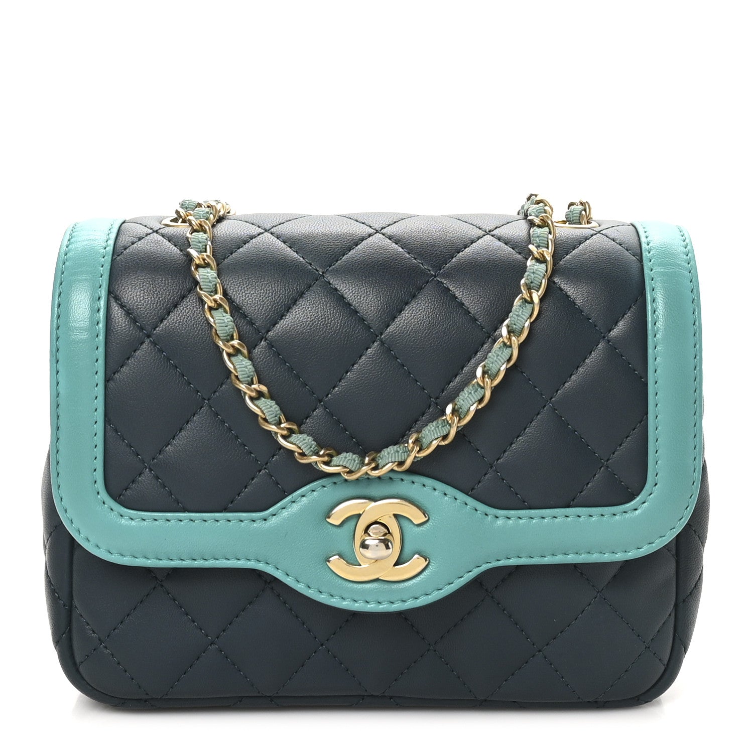 Chanel Lambskin Quilted Two Tone Day Flap Navy Turquoise 1 of 10