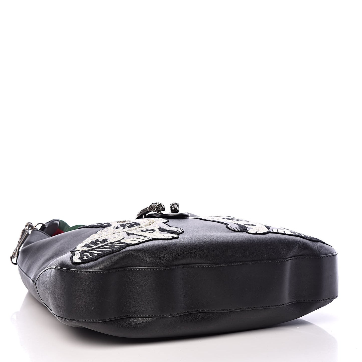 Calfskin Web Dog Embroidered Large Dionysus Hobo Black