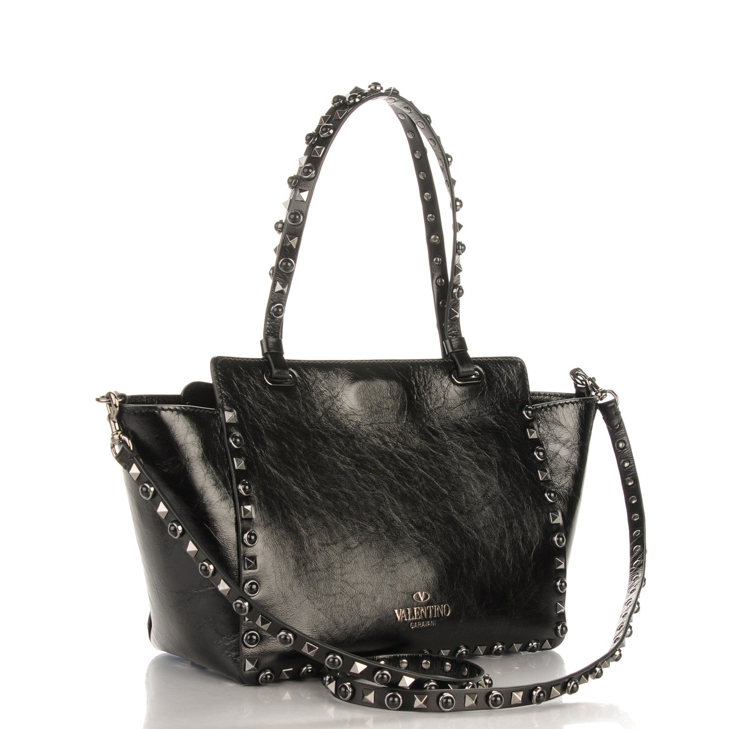 Valentino Garavani Craquele Calfskin Small Rockstud Rolling Tote Black 3 of 7