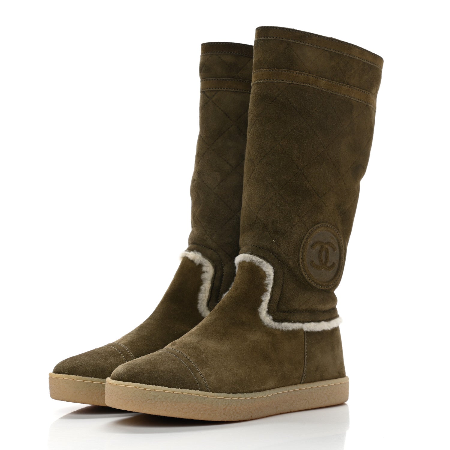 Chanel Suede Shearling Boots 36.5 Khaki 3 of 9