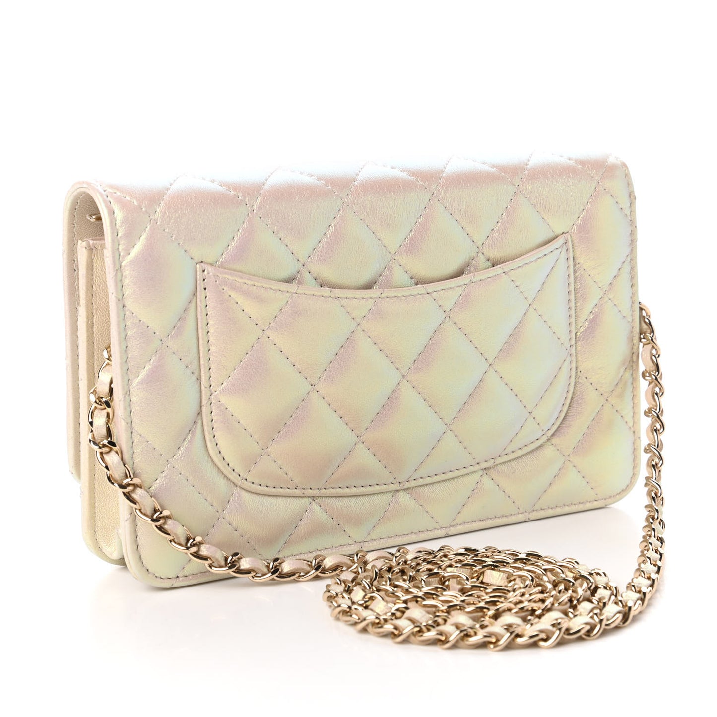 Iridescent Lambskin Quilted Wallet On Chain WOC Ivory