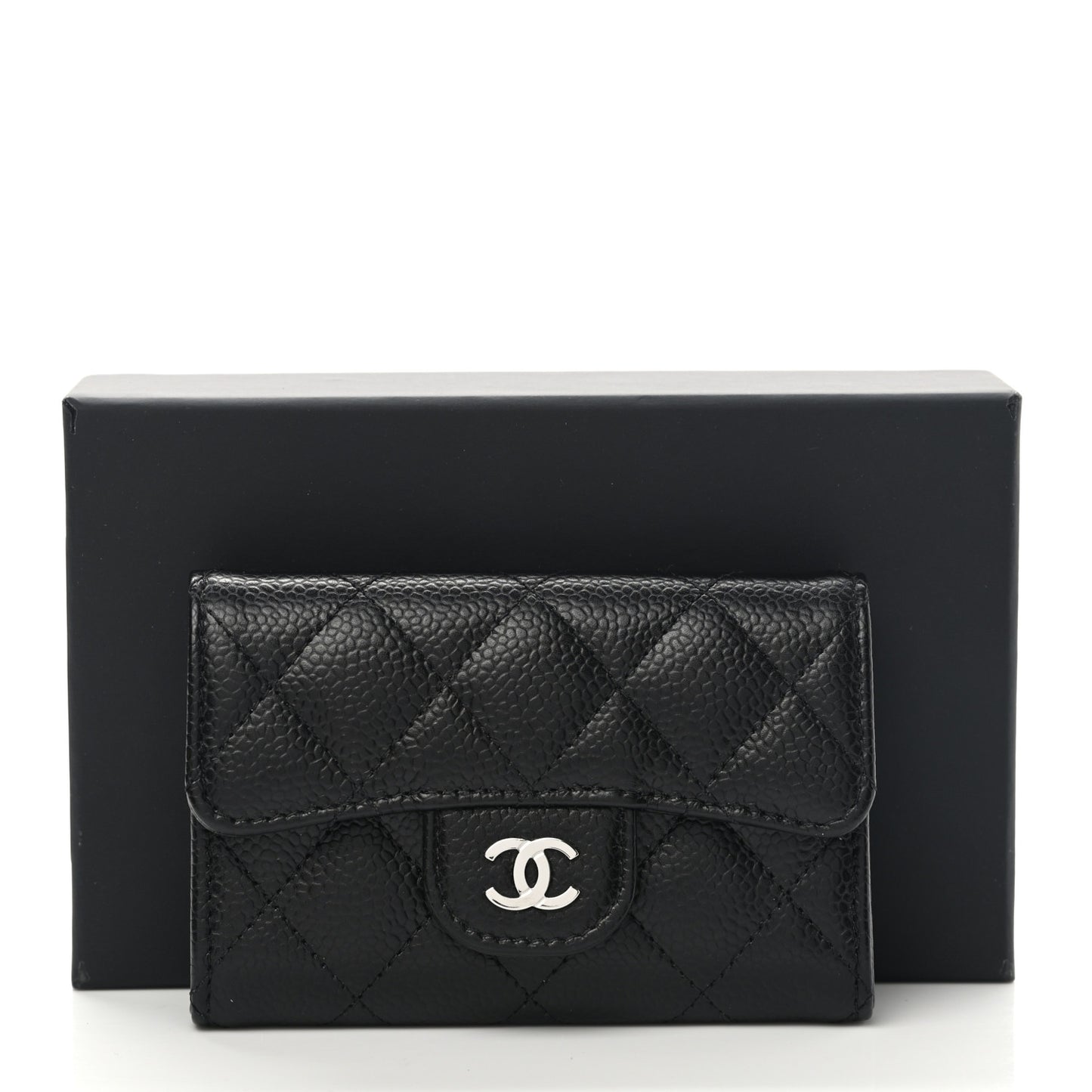 Caviar Quilted Flap Card Holder Wallet Black