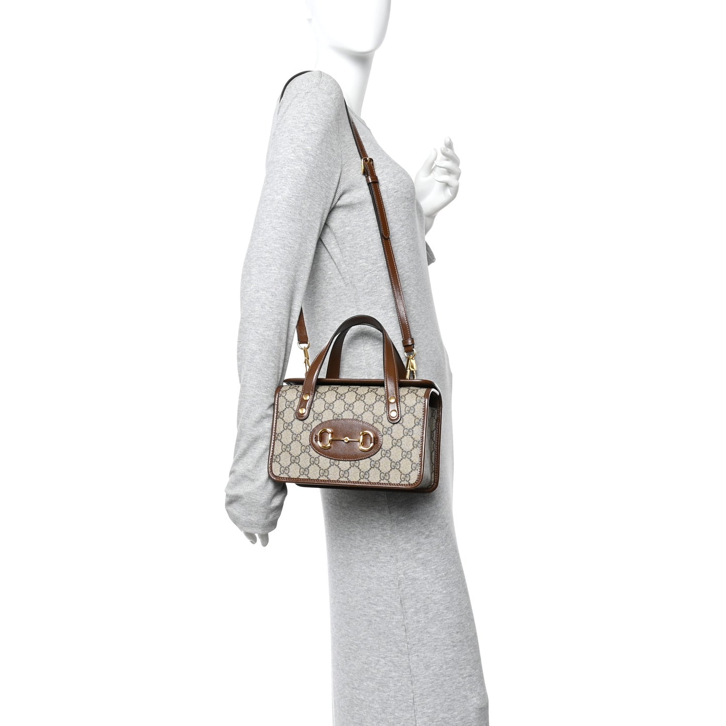 GG Supreme Monogram Azalea Calfskin Mini Horsebit 1955 Foldover Top Handle Bag Beige Ebony Brown Sugar