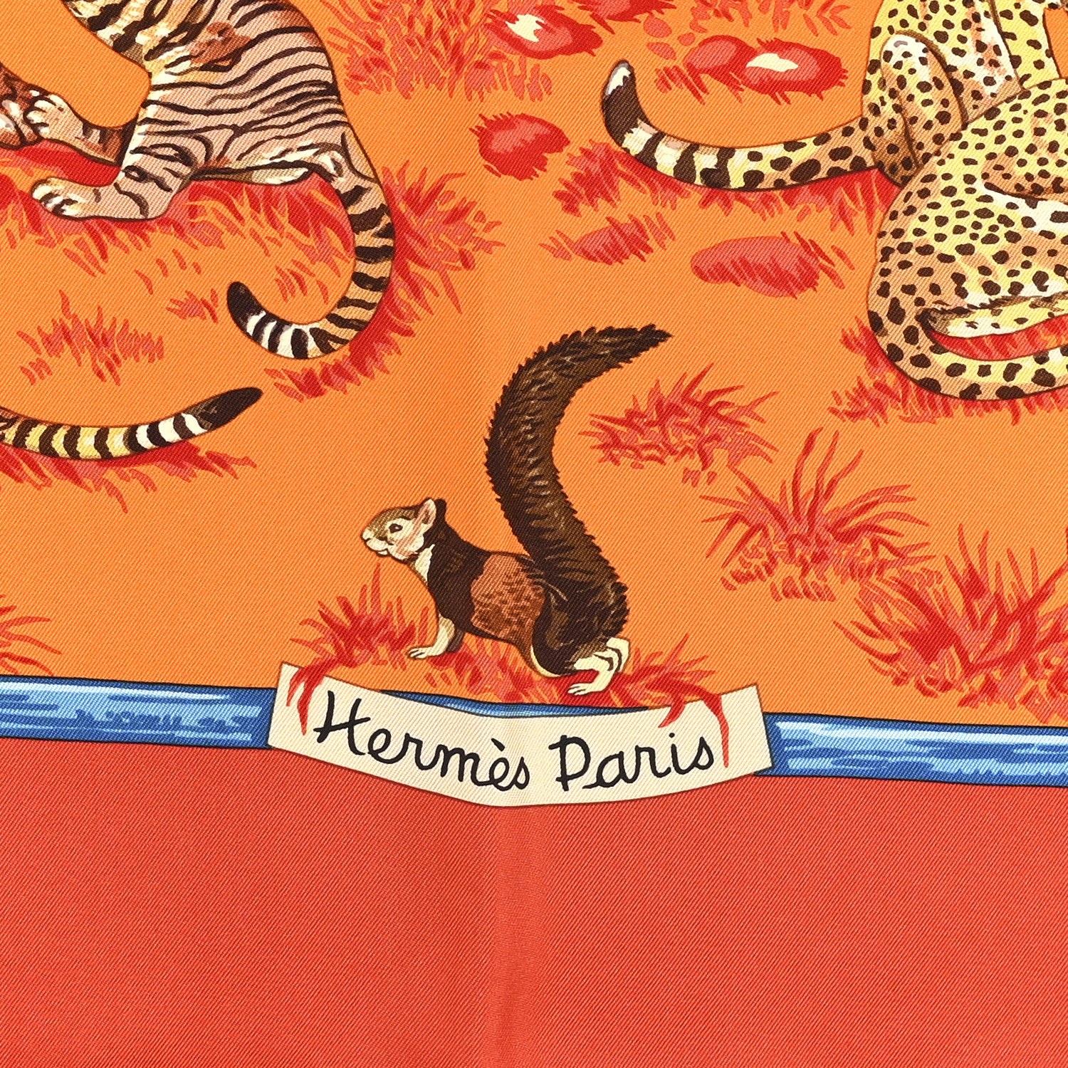 Hermes Silk Tendresse Feline Scarf 90 Brique Orange Bleu 3 of 12