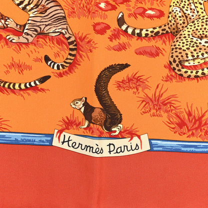 Hermes Silk Tendresse Feline Scarf 90 Brique Orange Bleu 3 of 12