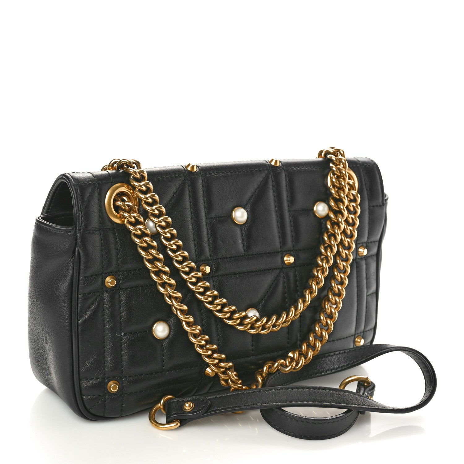 Gucci Calfskin Matelasse Studded Small Pearly GG Marmont Shoulder Bag Black 3 of 10