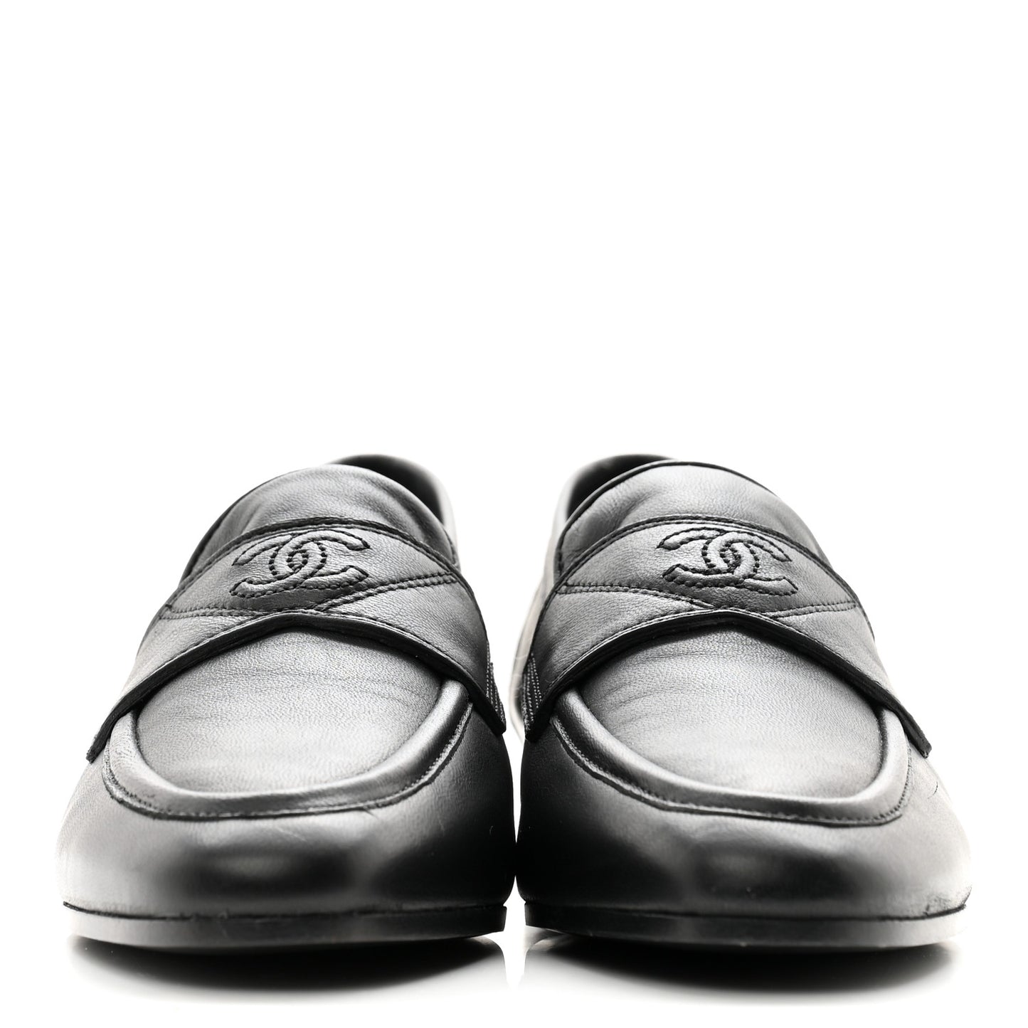 Calfskin Womens Stitched CC Loafers 35.5 Black