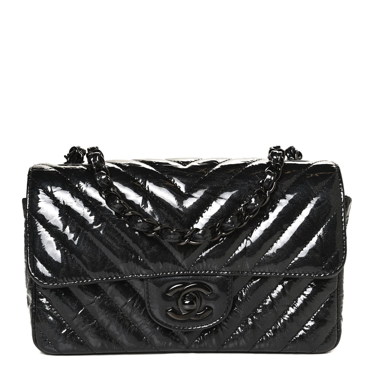 Chanel Patent Metallic Crumpled Calfskin Chevron Quilted Mini Rectangular Flap So Black 1 of 12