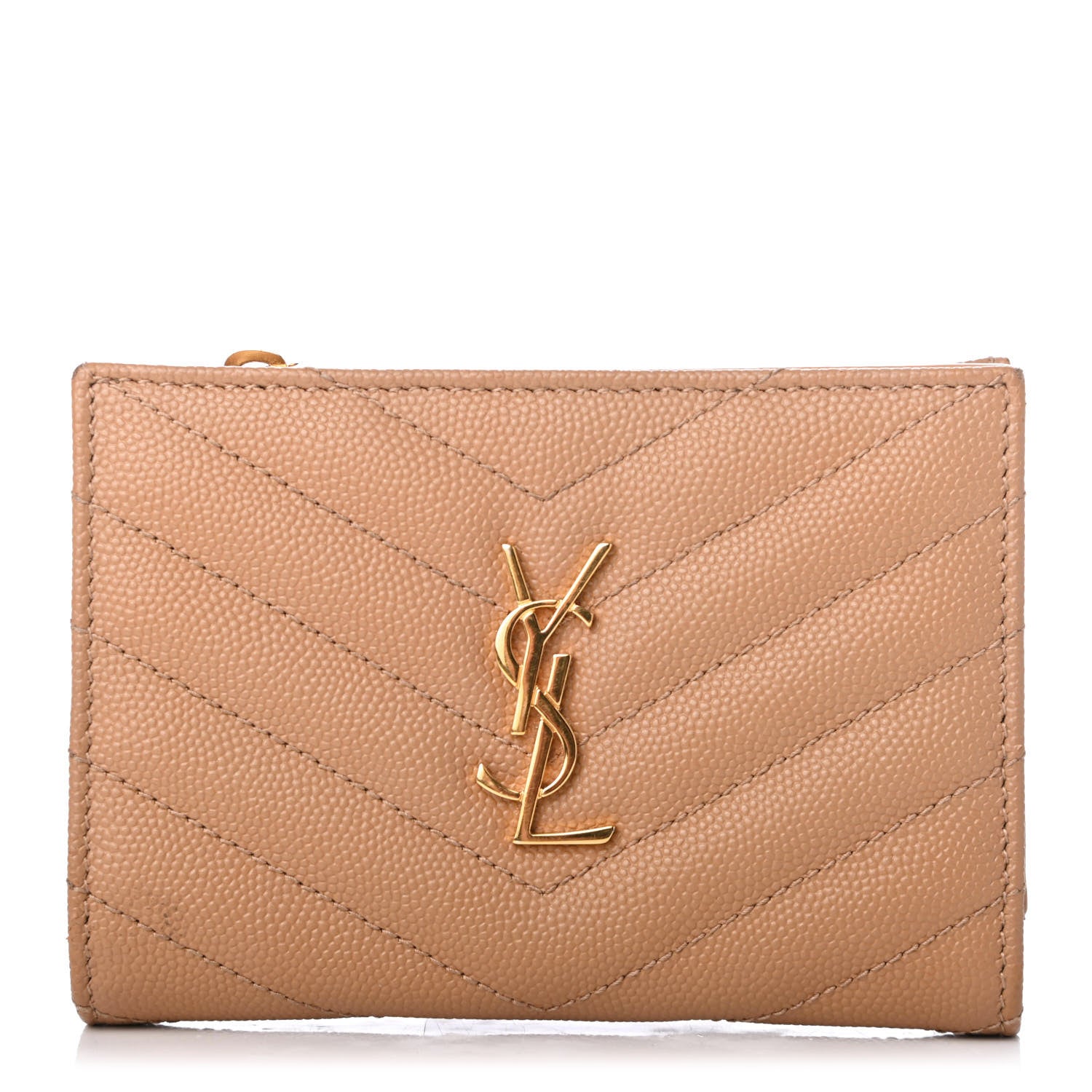Saint Laurent Grain De Poudre Matelasse Chevron Monogram Zipped Two-Part Wallet Cork 1 of 7