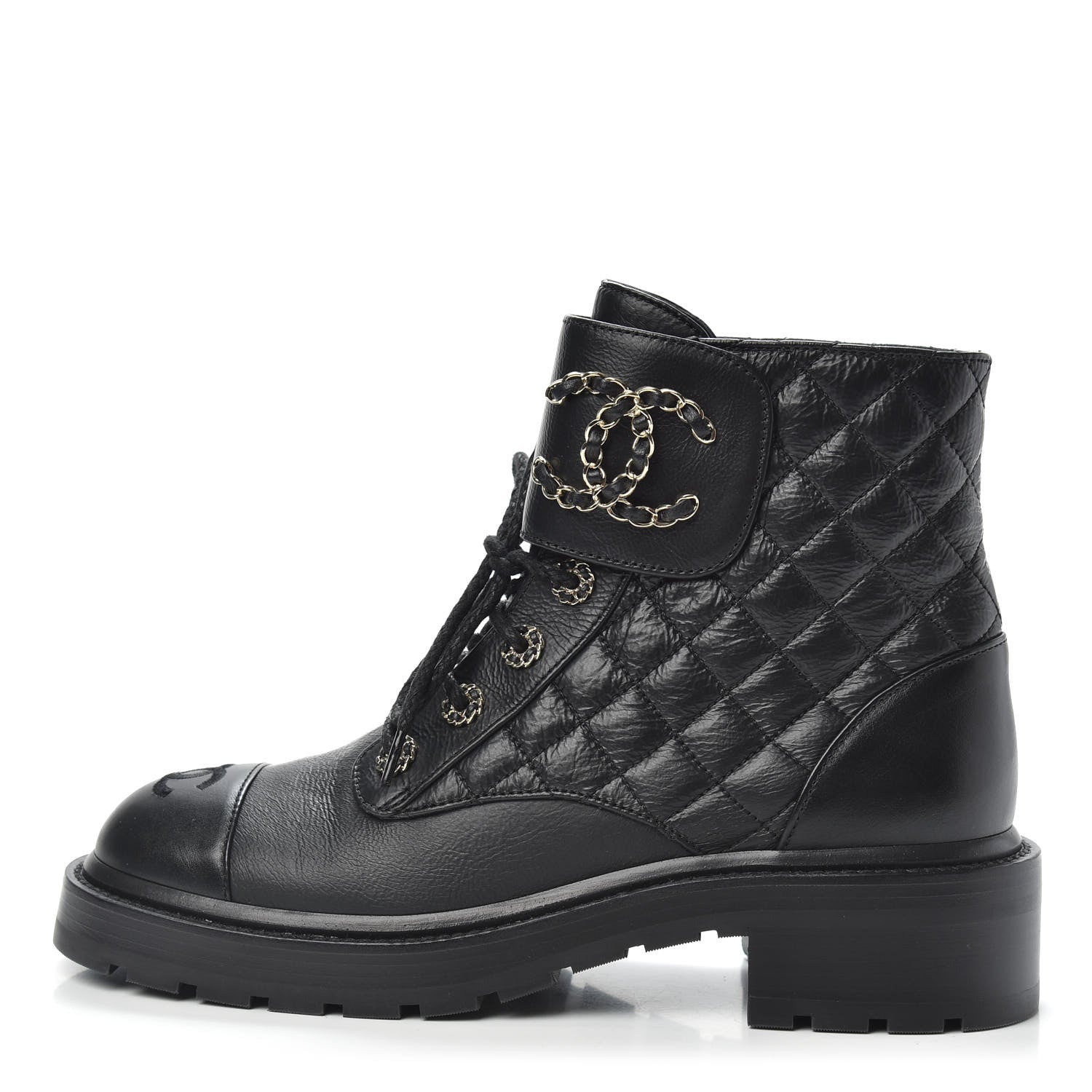 Chanel Shiny Goatskin Calfskin Quilted Lace Up Combat Boots 39 Black 1 of 9