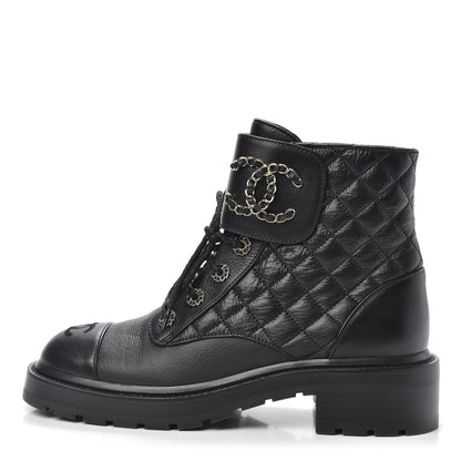 Chanel Shiny Goatskin Calfskin Quilted Lace Up Combat Boots 39 Black 1 of 9