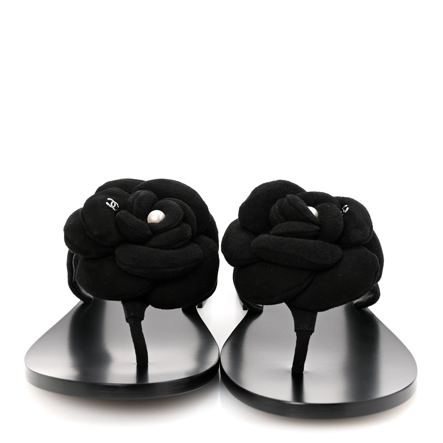 Suede Kidskin Pearl Camellia Thong Sandals 38.5 Black