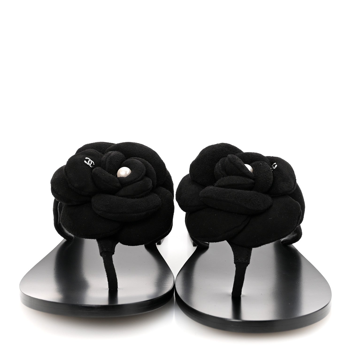 Chanel Suede Kidskin Pearl Camellia Thong Sandals 38.5 Black 3 of 10