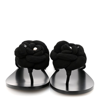 Chanel Suede Kidskin Pearl Camellia Thong Sandals 38.5 Black 3 of 10