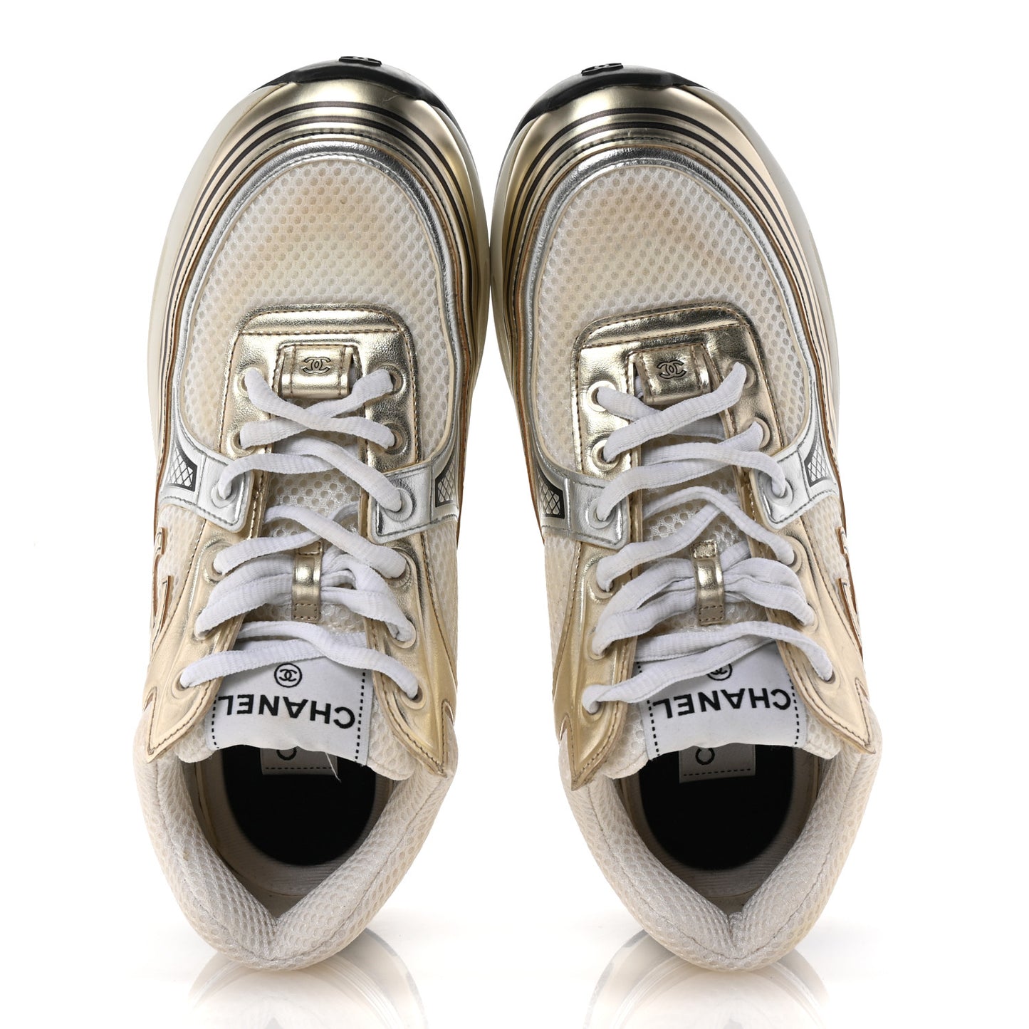 Fabric Laminated Calfskin Stretch CC Sneakers 38.5 White Gold Silver