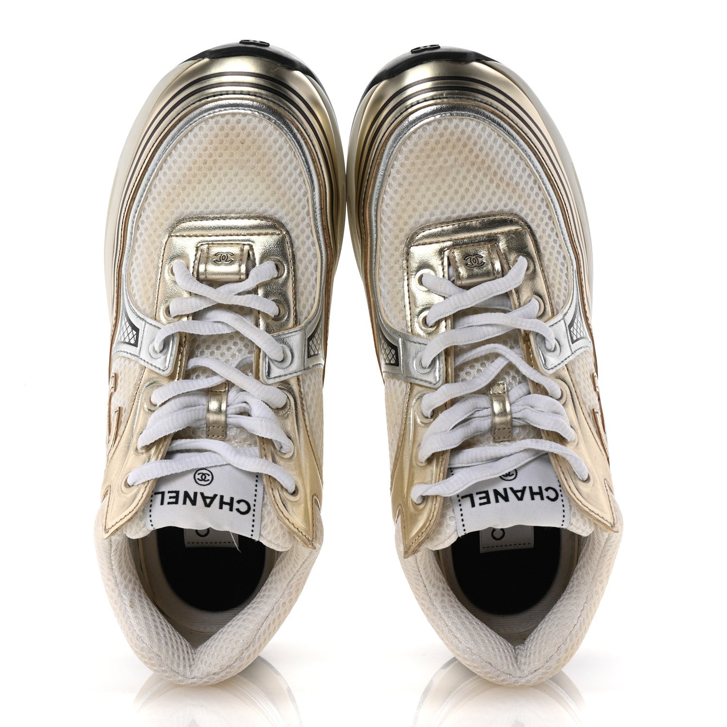 Chanel Fabric Laminated Calfskin Stretch CC Sneakers 38.5 White Gold Silver 2 of 10