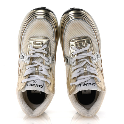 Chanel Fabric Laminated Calfskin Stretch CC Sneakers 38.5 White Gold Silver 2 of 10