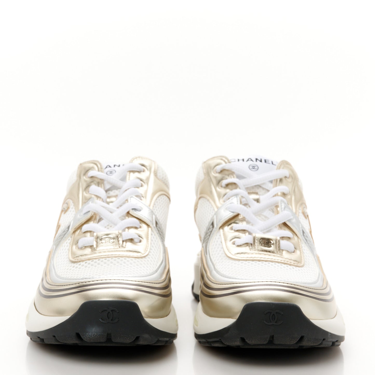 Fabric Laminated Calfskin Stretch CC Womens Sneakers 39.5 White Gold Silver