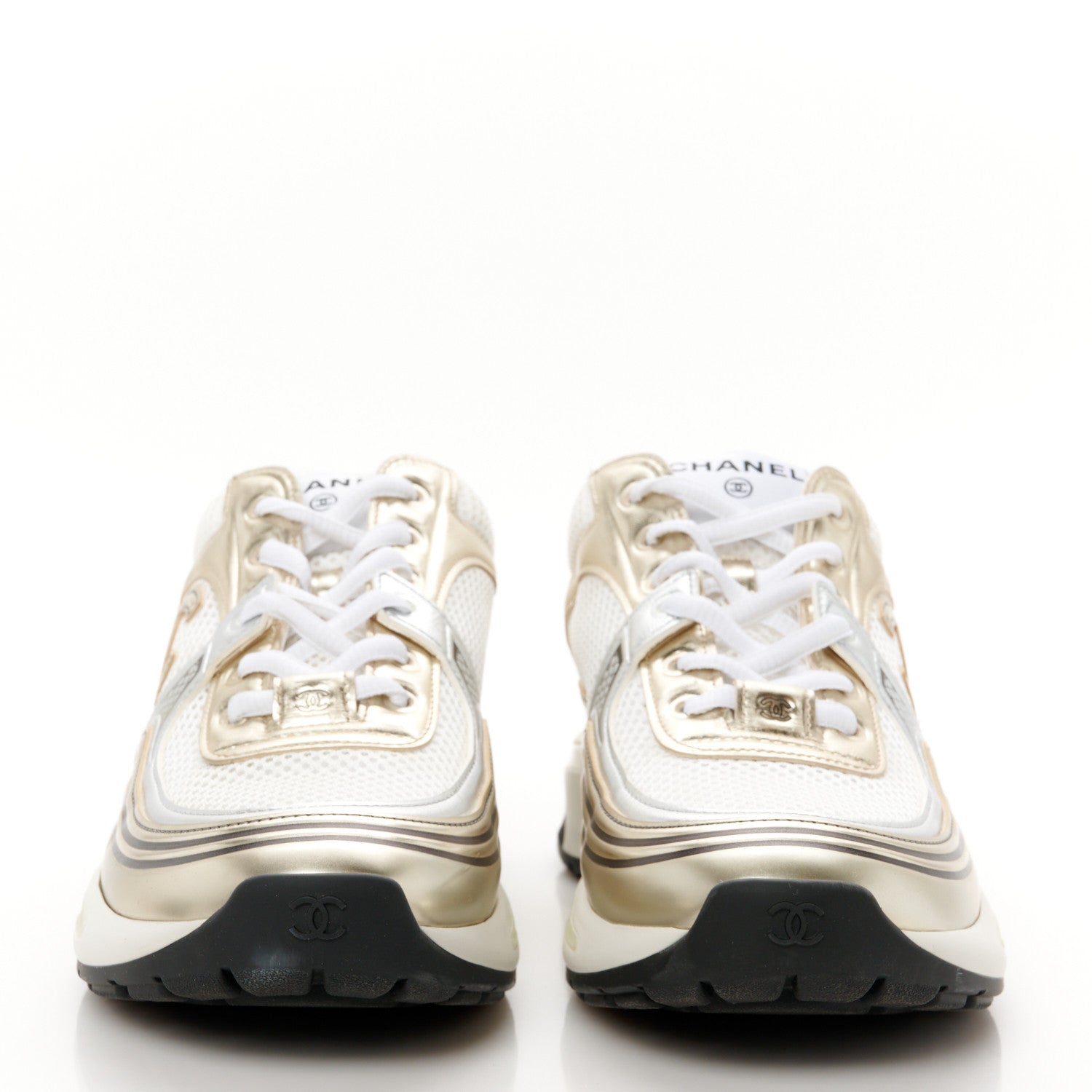Chanel Fabric Laminated Calfskin Stretch CC Womens Sneakers 39.5 White Gold Silver 3 of 9