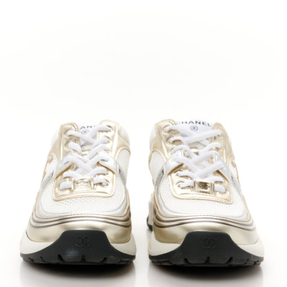 Chanel Fabric Laminated Calfskin Stretch CC Womens Sneakers 39.5 White Gold Silver 3 of 9