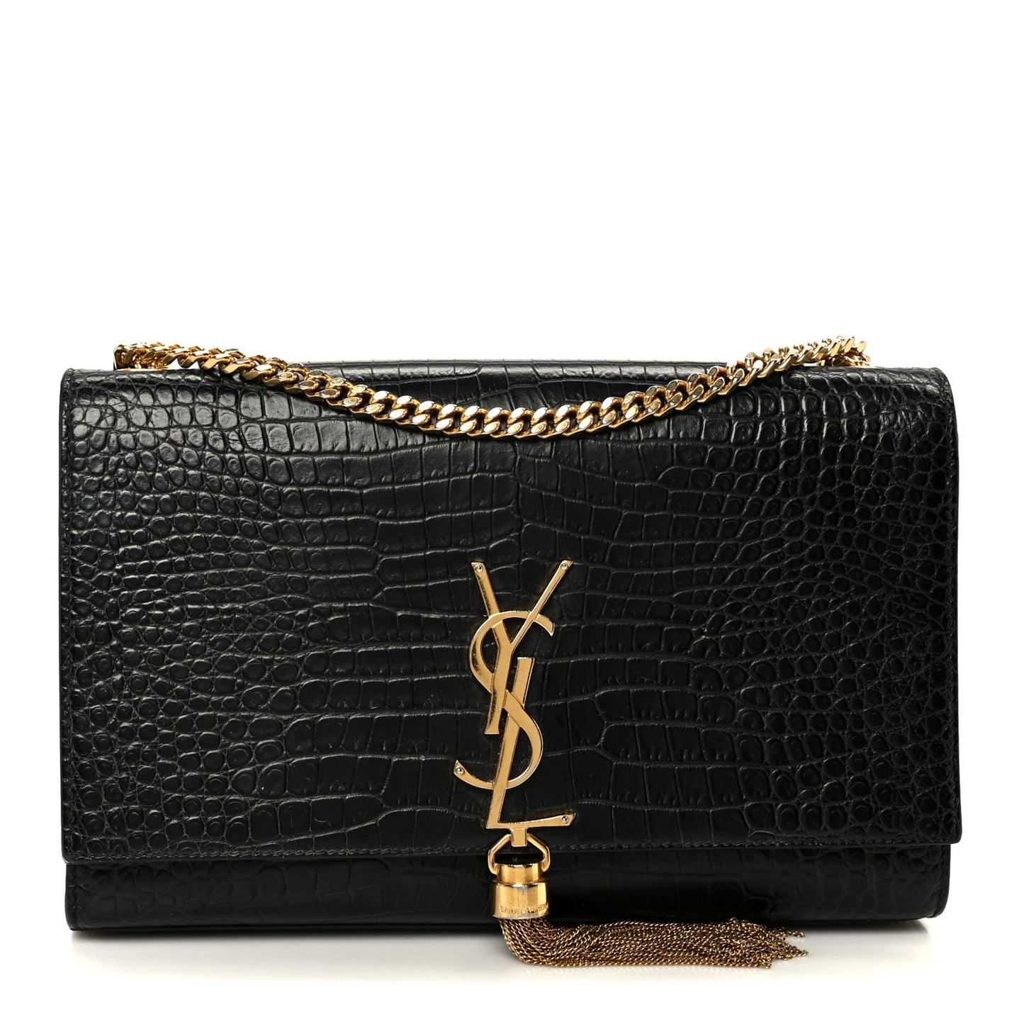 Calfskin Crocodile Embossed Medium Classic Monogram Kate Tassel Satchel Black