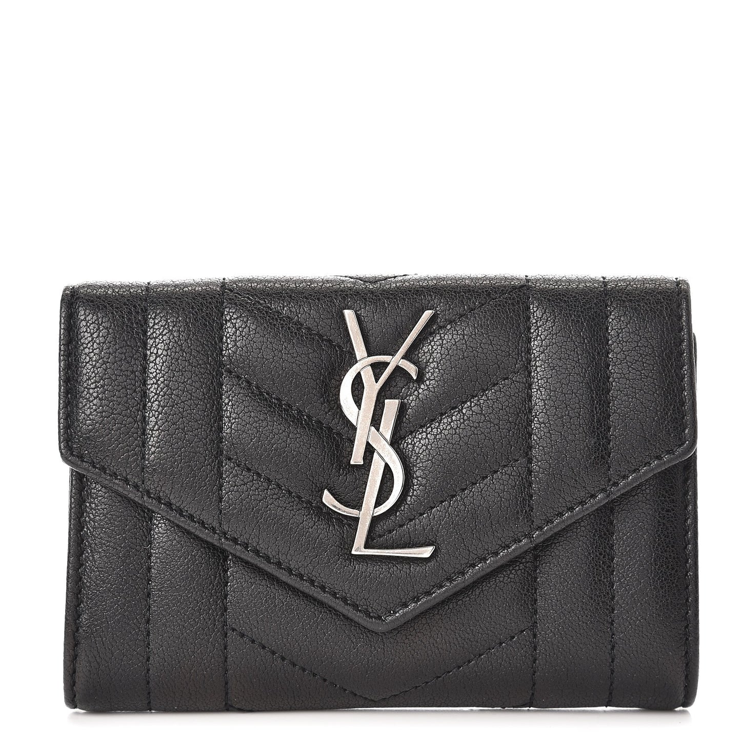Lambskin Mixed Matelasse Chevron Small Monogram Envelope Wallet Black