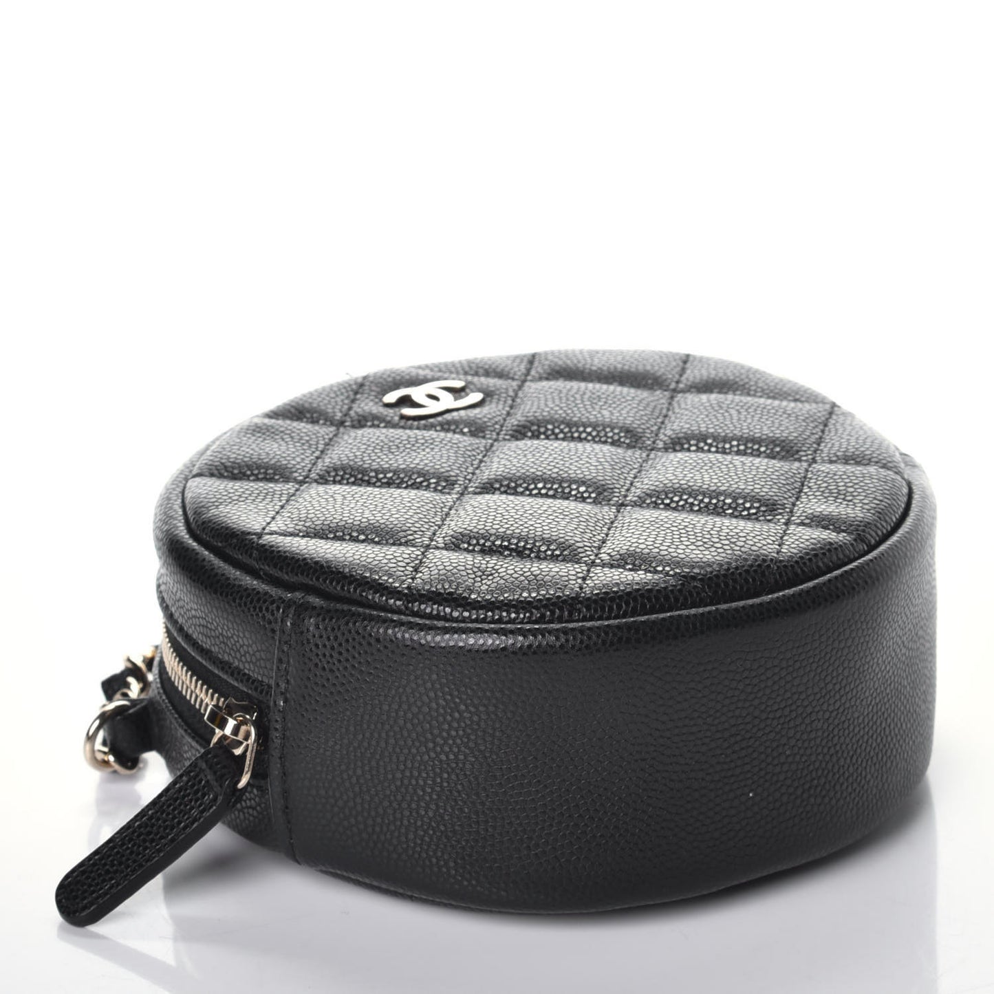 Caviar Quilted Round Clutch With Chain Black