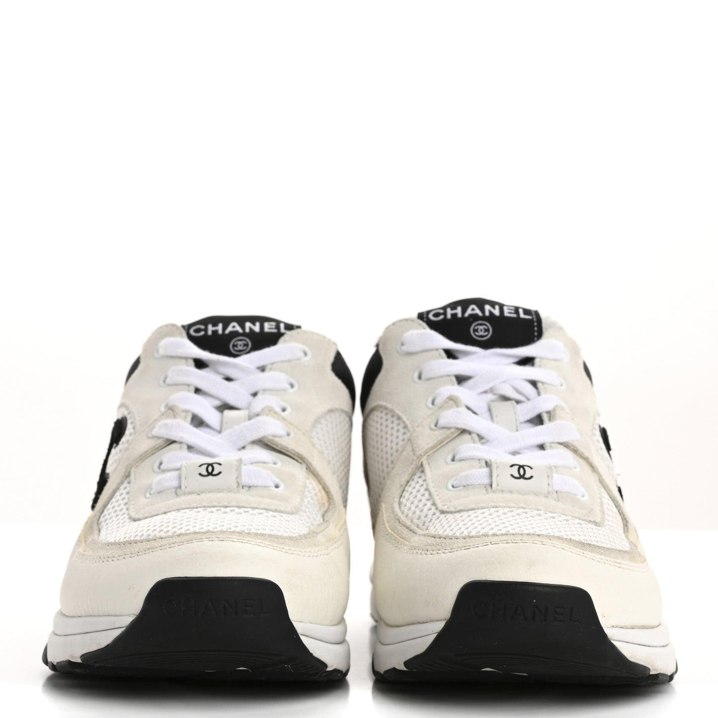 Mesh Suede Calfskin Grained Calfskin Womens CC Sneakers 38 White Black