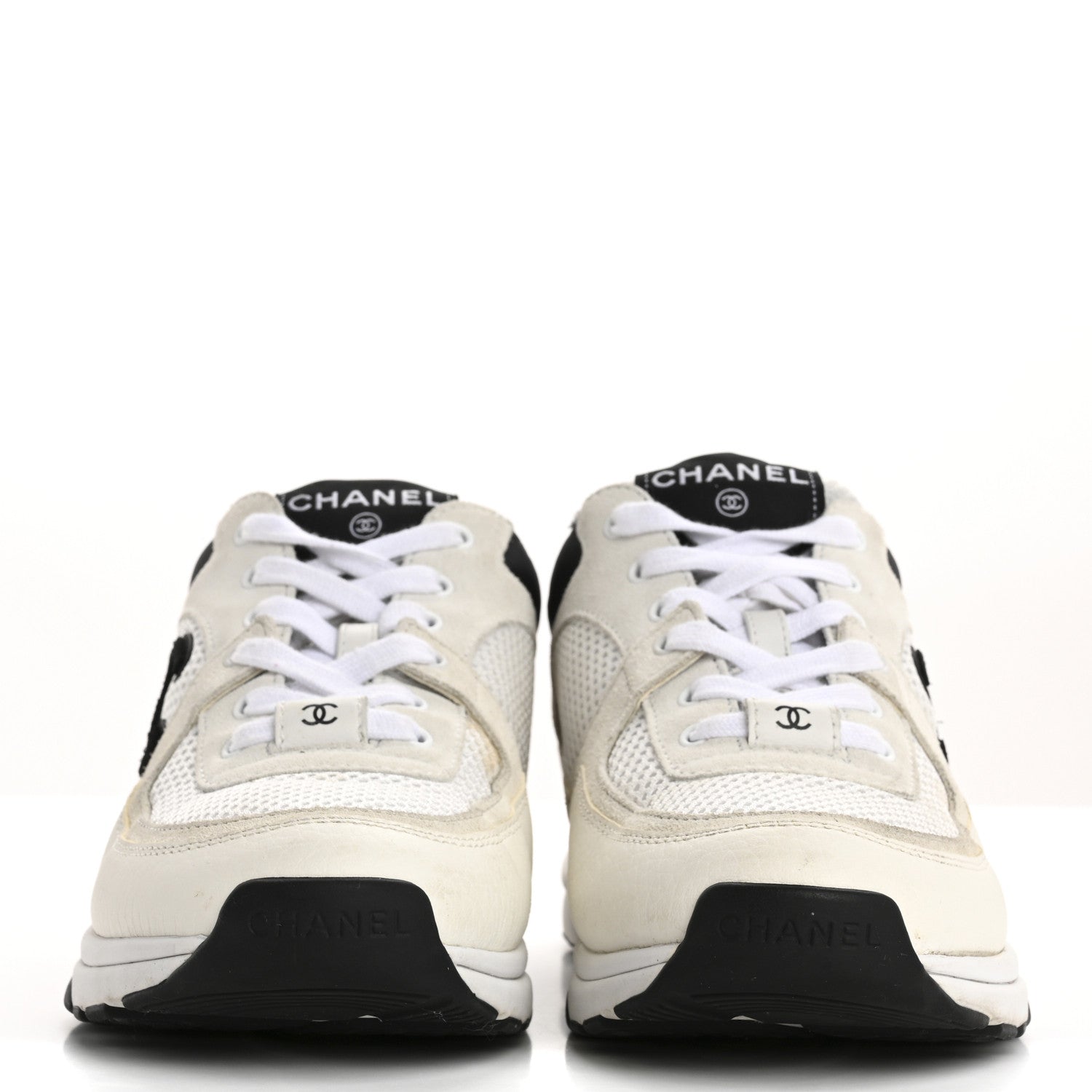 Chanel Mesh Suede Calfskin Grained Calfskin Womens CC Sneakers 38 White Black 3 of 14